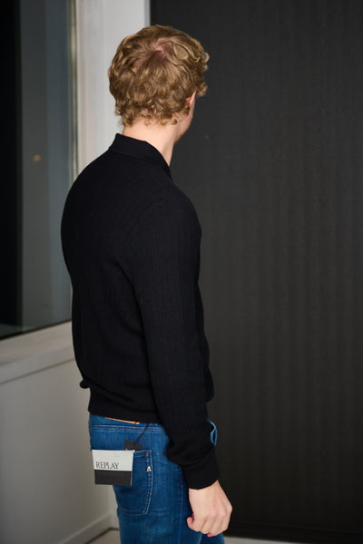 Cran LS Knit Structure Half Zip Polo - Black