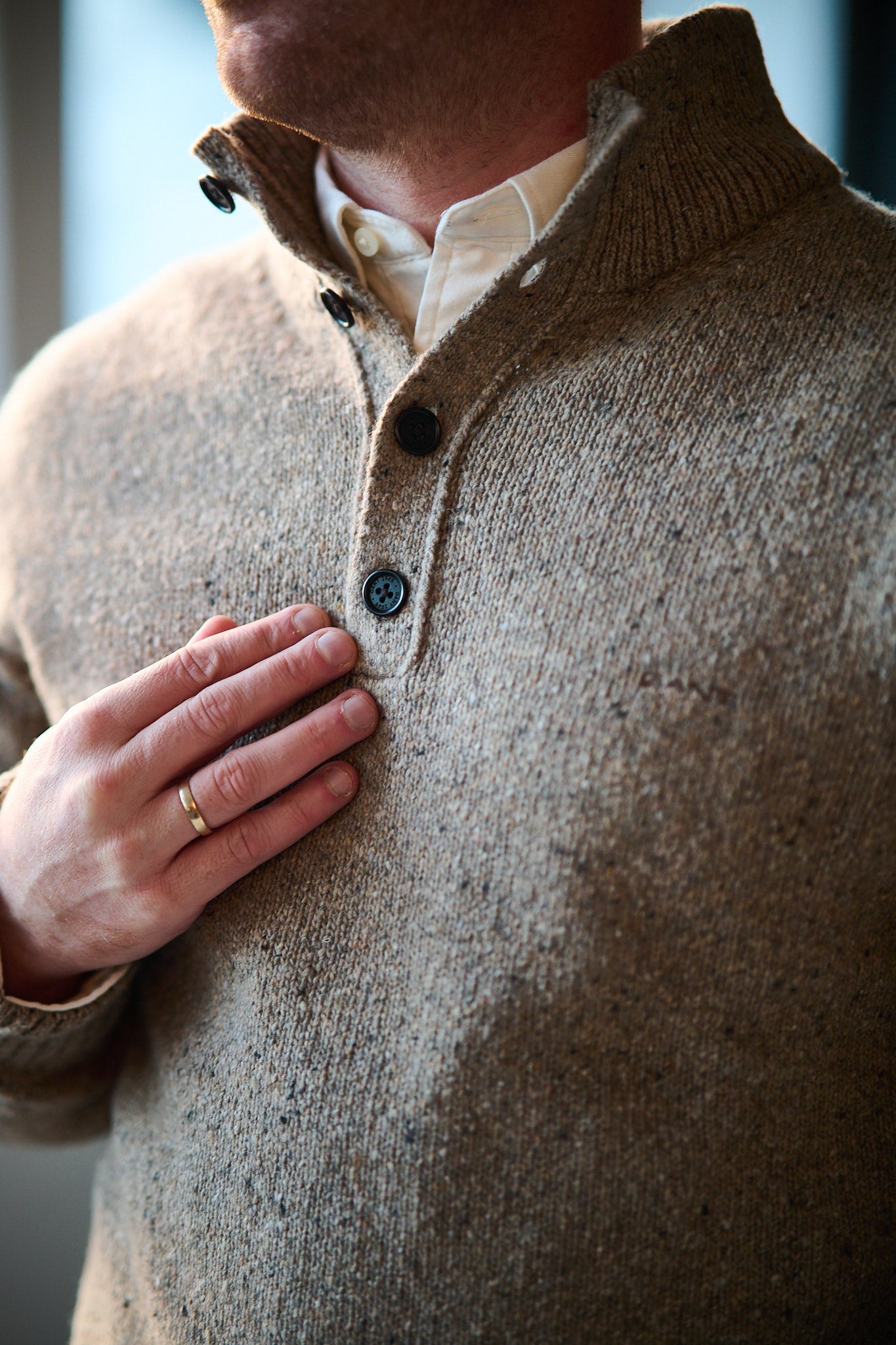 Wool Blend Neps Half Buttoned - Dk. Sand Melange