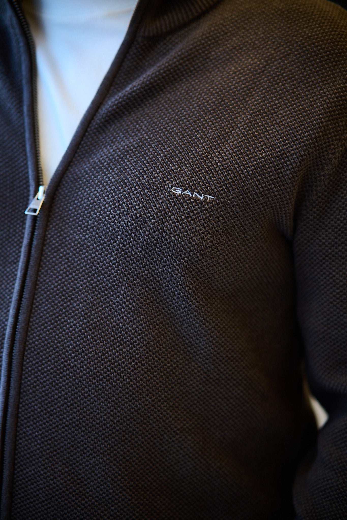 Cotton Pique Zip Cardigan - Brown Melange