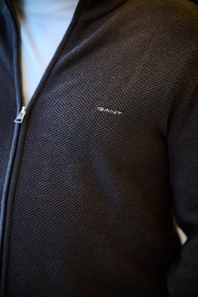 Cotton Pique Zip Cardigan - Brown Melange