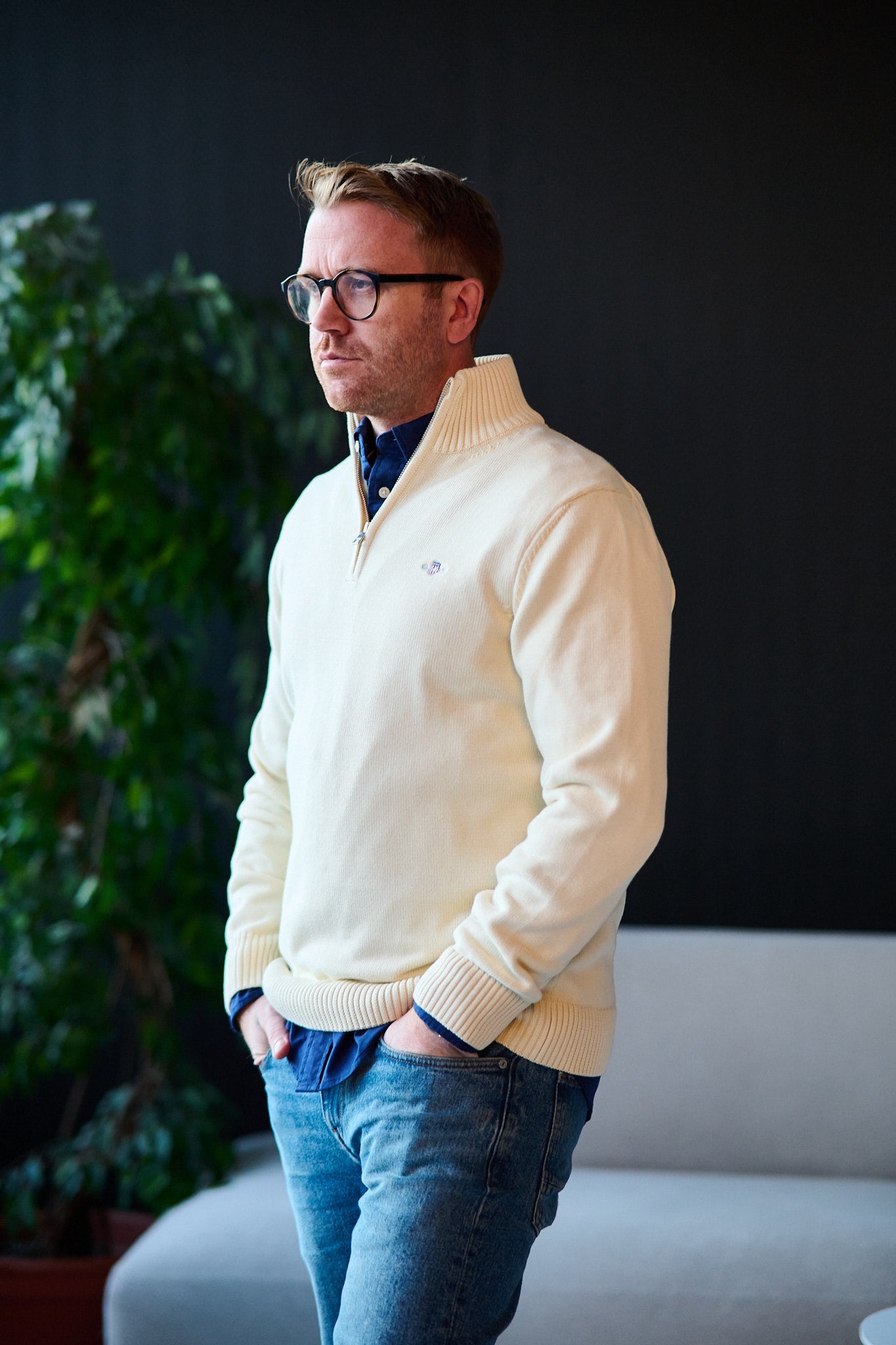 Casual Cotton Half Zip - Cream