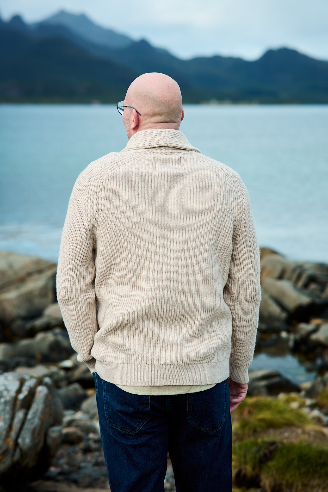 Wool Blend Shawl Collar Cardigan - Light Beige Melange
