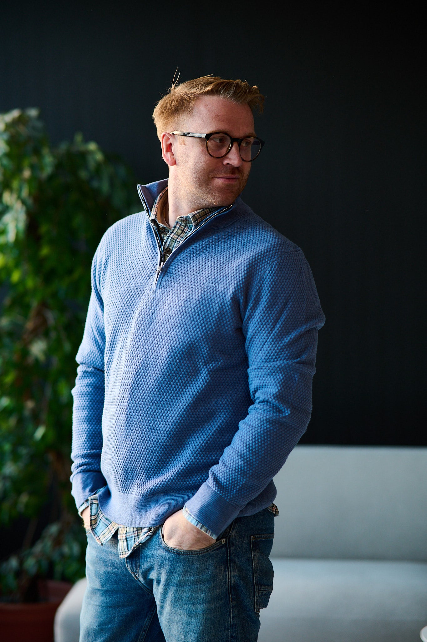 Textured Cotton Merino Half Zip - Denim Blue Mel