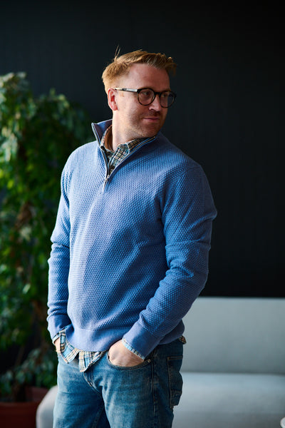 Textured Cotton Merino Half Zip - Denim Blue Mel