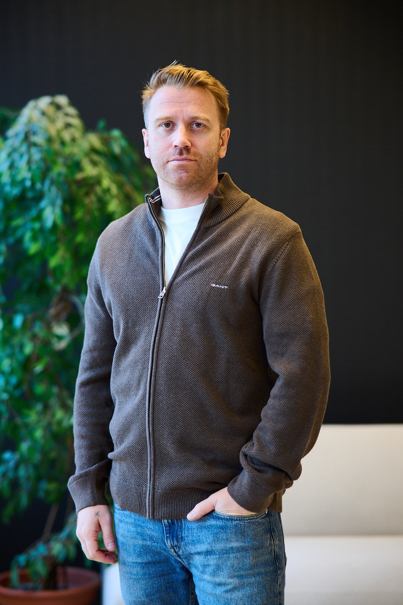 Cotton Pique Zip Cardigan - Brown Melange