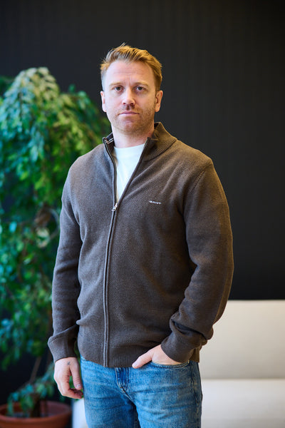 Cotton Pique Zip Cardigan - Brown Melange