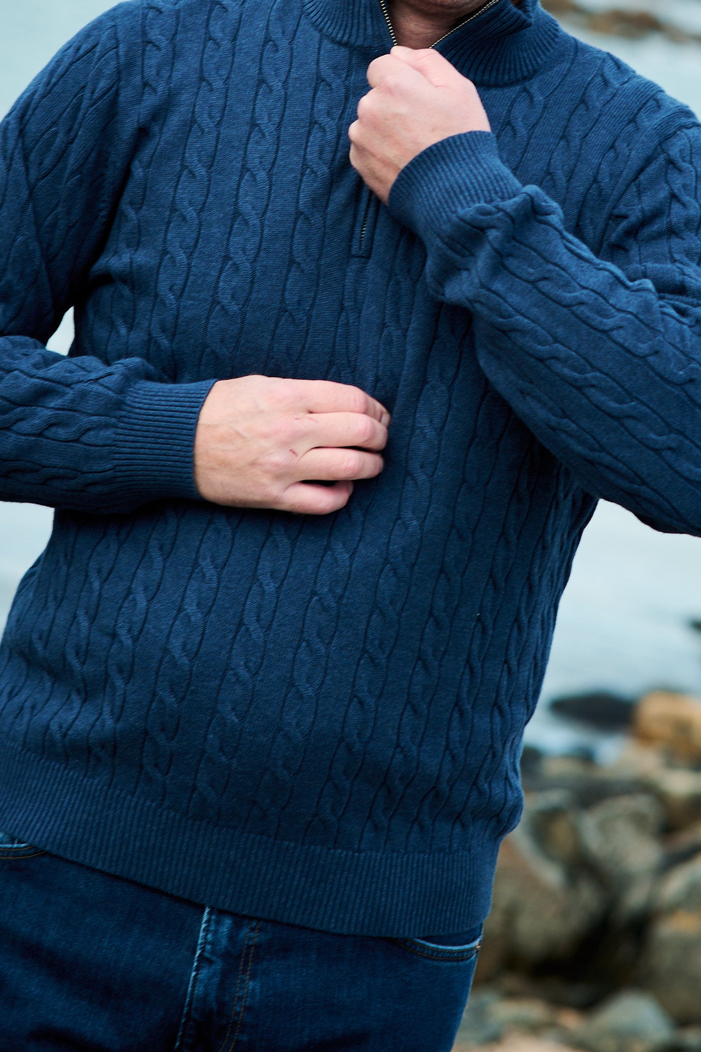 Cotton Cable Half Zip - Dark Jeans Blue Melange