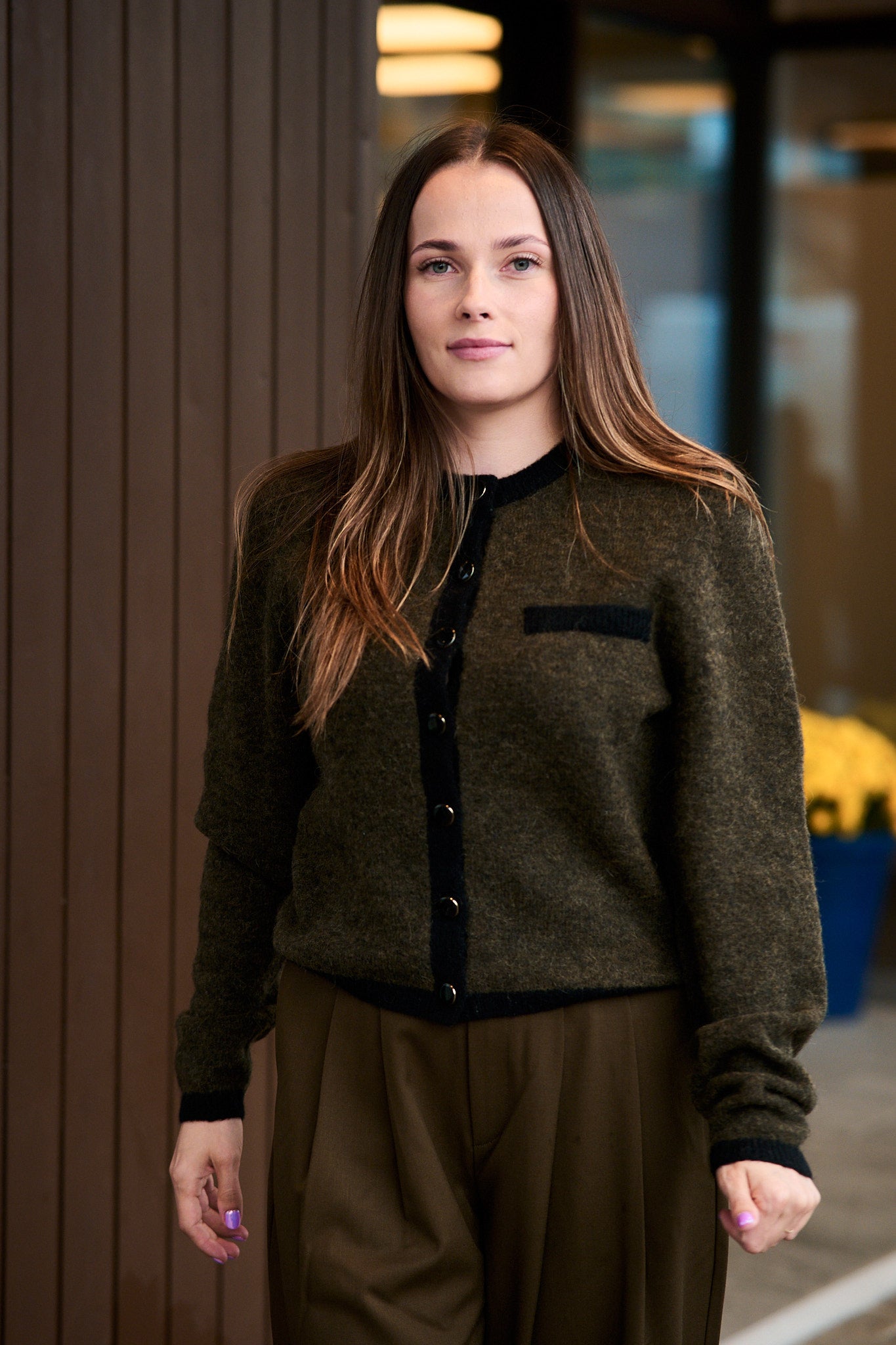 GZalpha LS Contrast Cardigan - Olive Mélange/Black