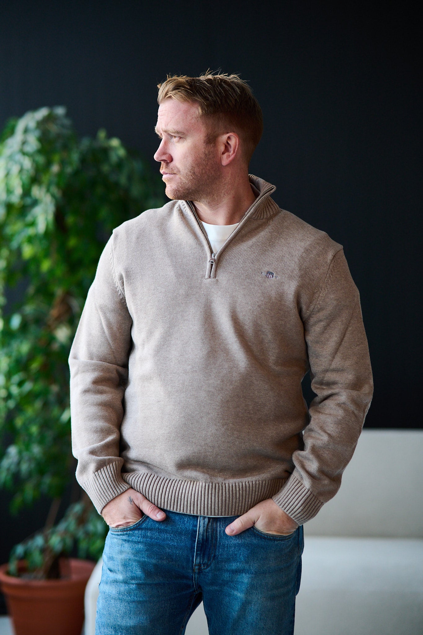 Casual Cotton Half Zip - Sand Melange