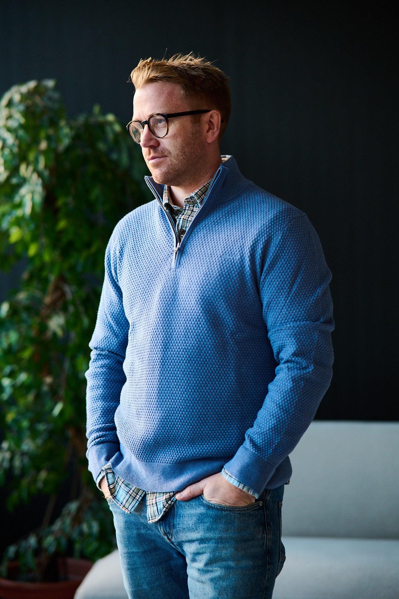 Textured Cotton Merino Half Zip - Denim Blue Mel