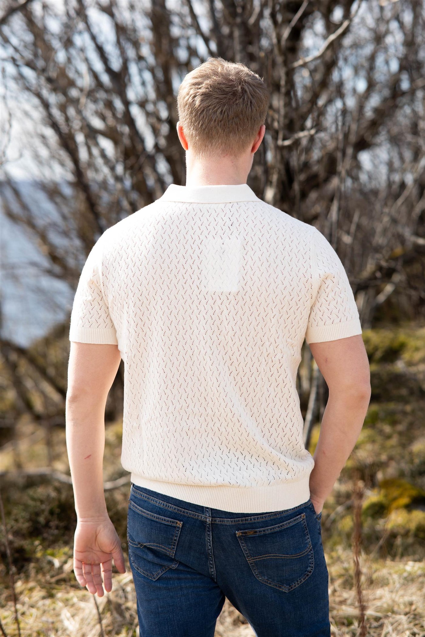 Lino SS Knit Crochet Open Polo - Egret