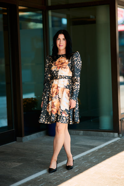 Tailord Satin Belt Dress - Black Roses