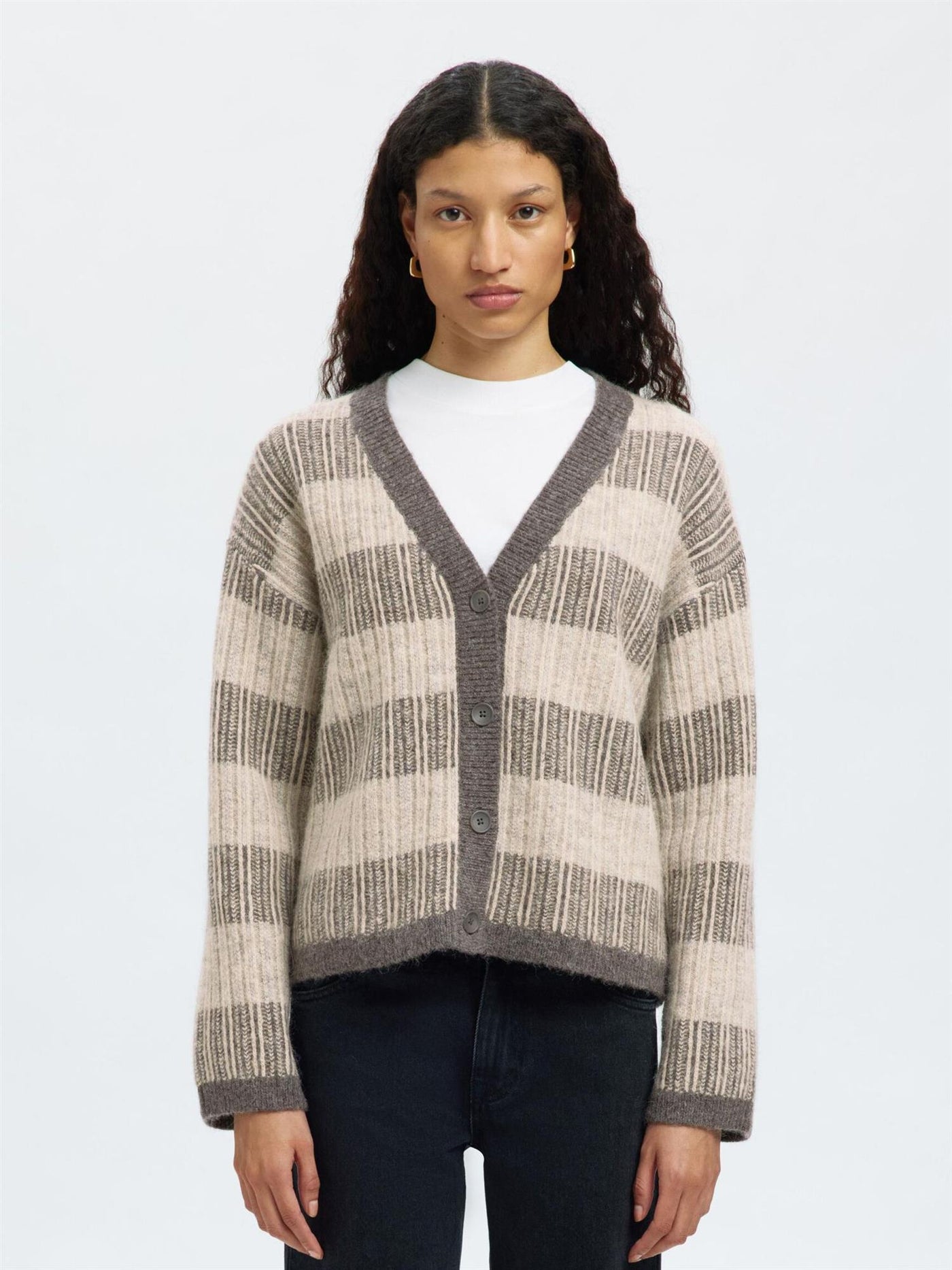 Alva LS Knit Stripe V-cardigan - Grey Melange