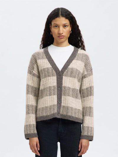 Alva LS Knit Stripe V-cardigan - Grey Melange