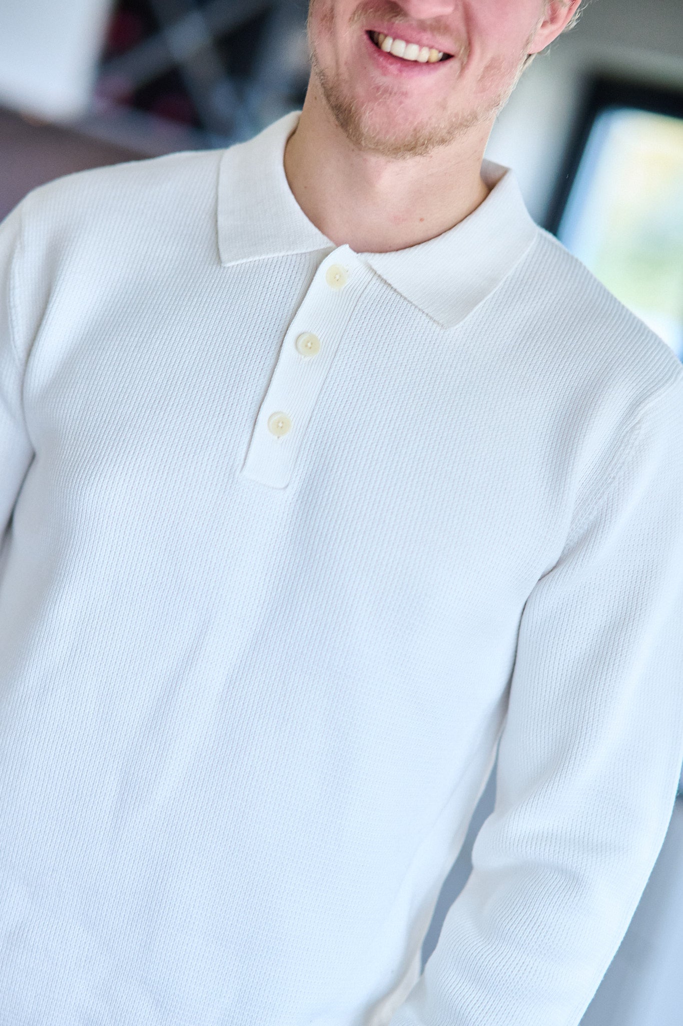 Dane LS Knit Structure Polo Neck - Egret