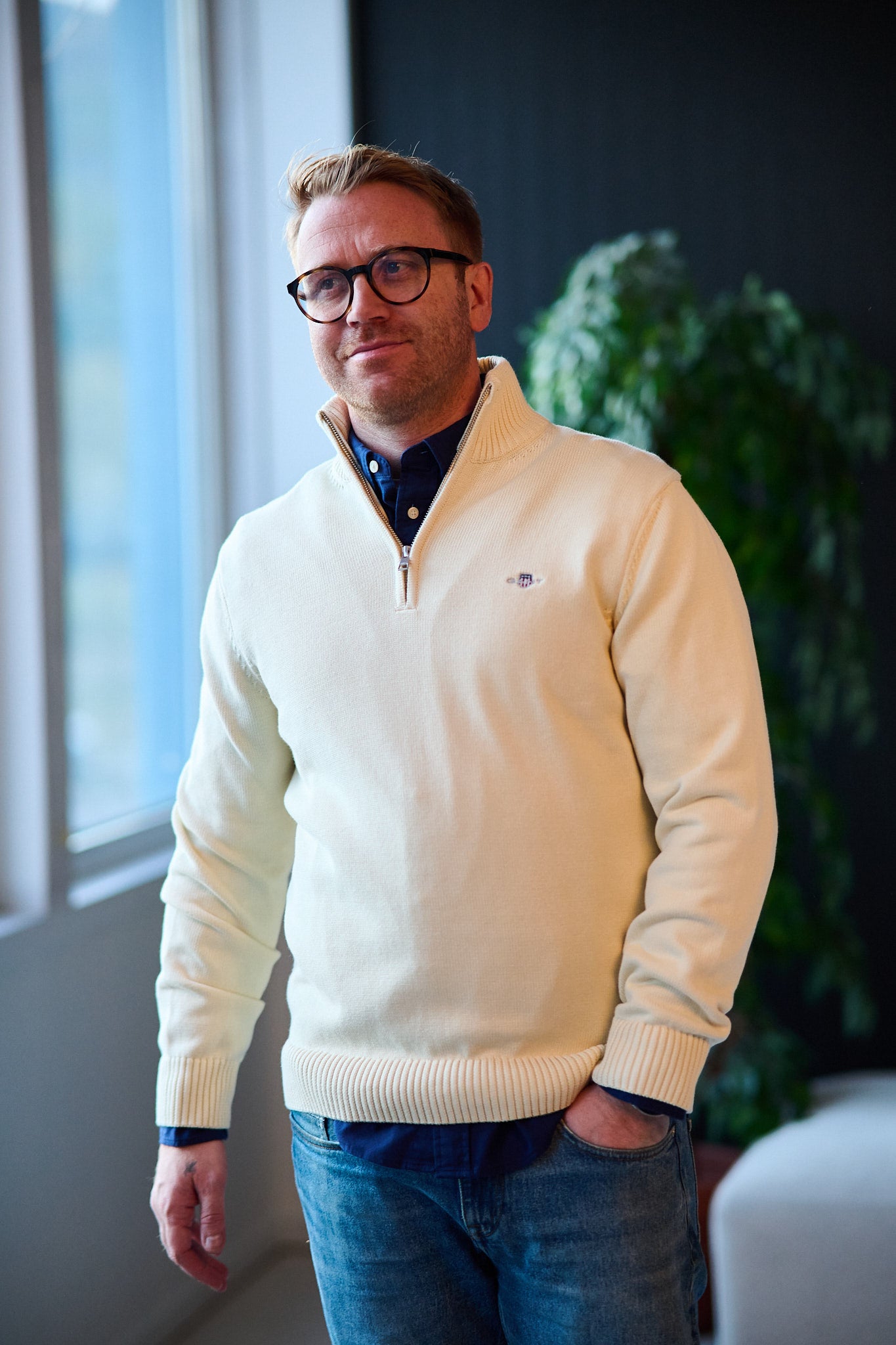 Casual Cotton Half Zip - Cream