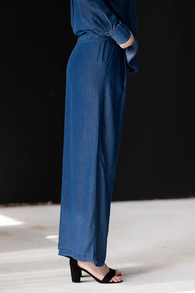 Janna HW Pleated Chambray Pant Dark Blue
