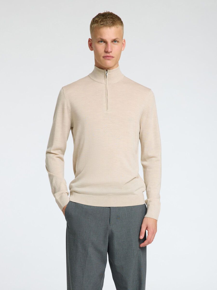 Tray Ls Knit Merino Half Zip Noos - Oatmeal