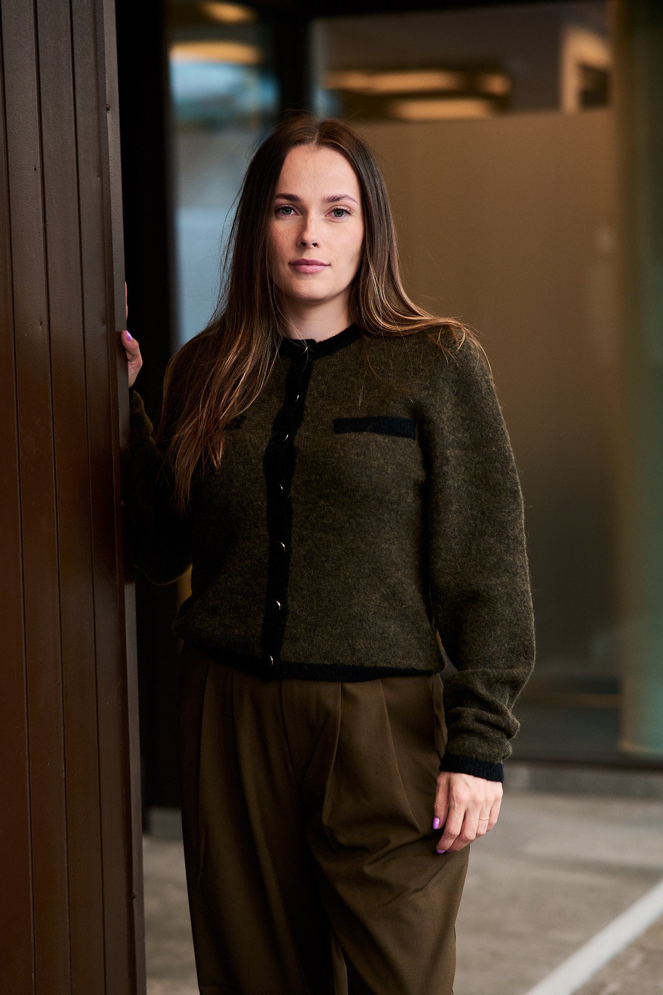 GZalpha LS Contrast Cardigan - Olive Mélange/Black