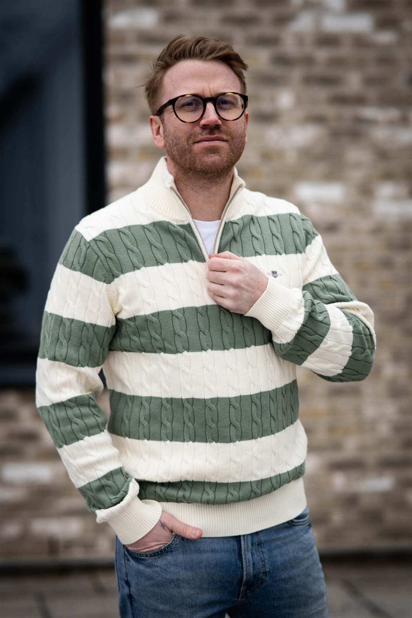 Striped Cotton Cable Half Zip - Kalamata Green