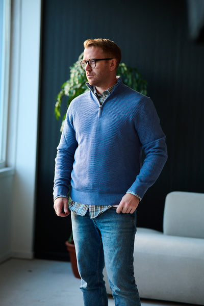 Textured Cotton Merino Half Zip - Denim Blue Mel