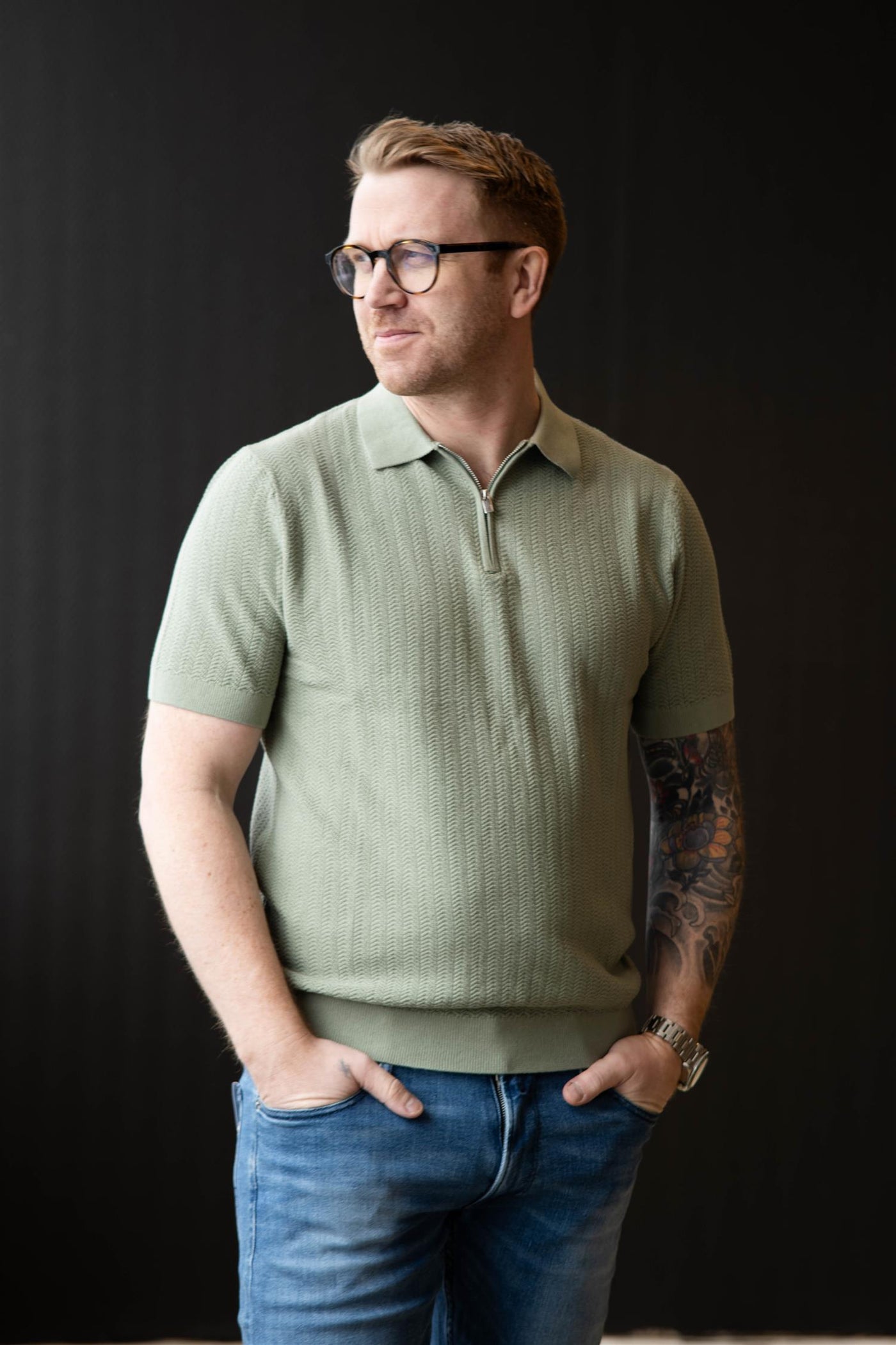 Cran SS Knit Structure Half Zip Polo - Iceberg Green