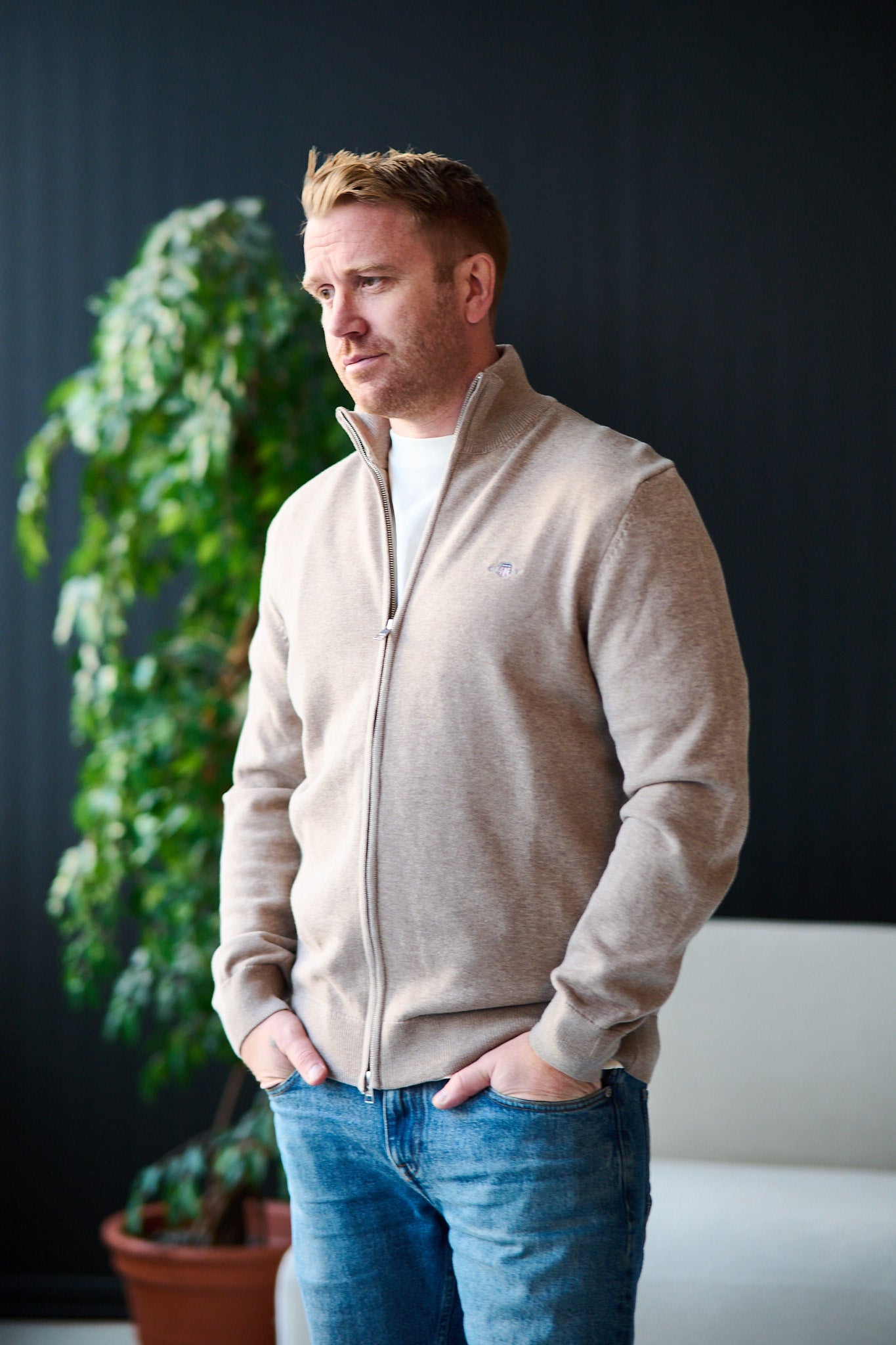 Casual Cotton Zip Cardigan - DK Sand Melange