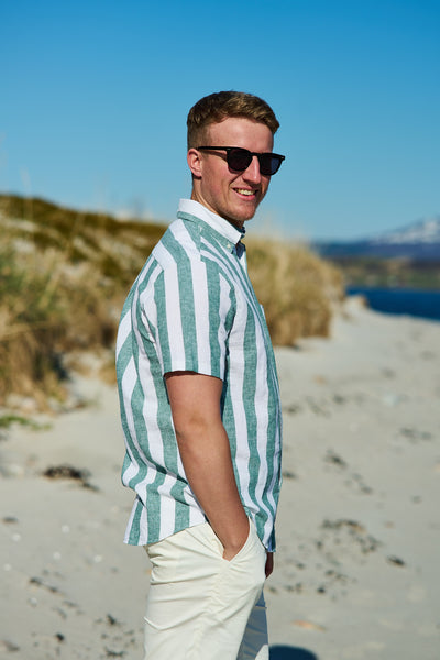 Reg Cotton Linen Stripe SS Shirt - Woody Green
