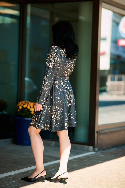 Tailord Satin Belt Dress - Black Roses