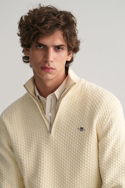 Textured Cotton Merino Half Zip - Cream