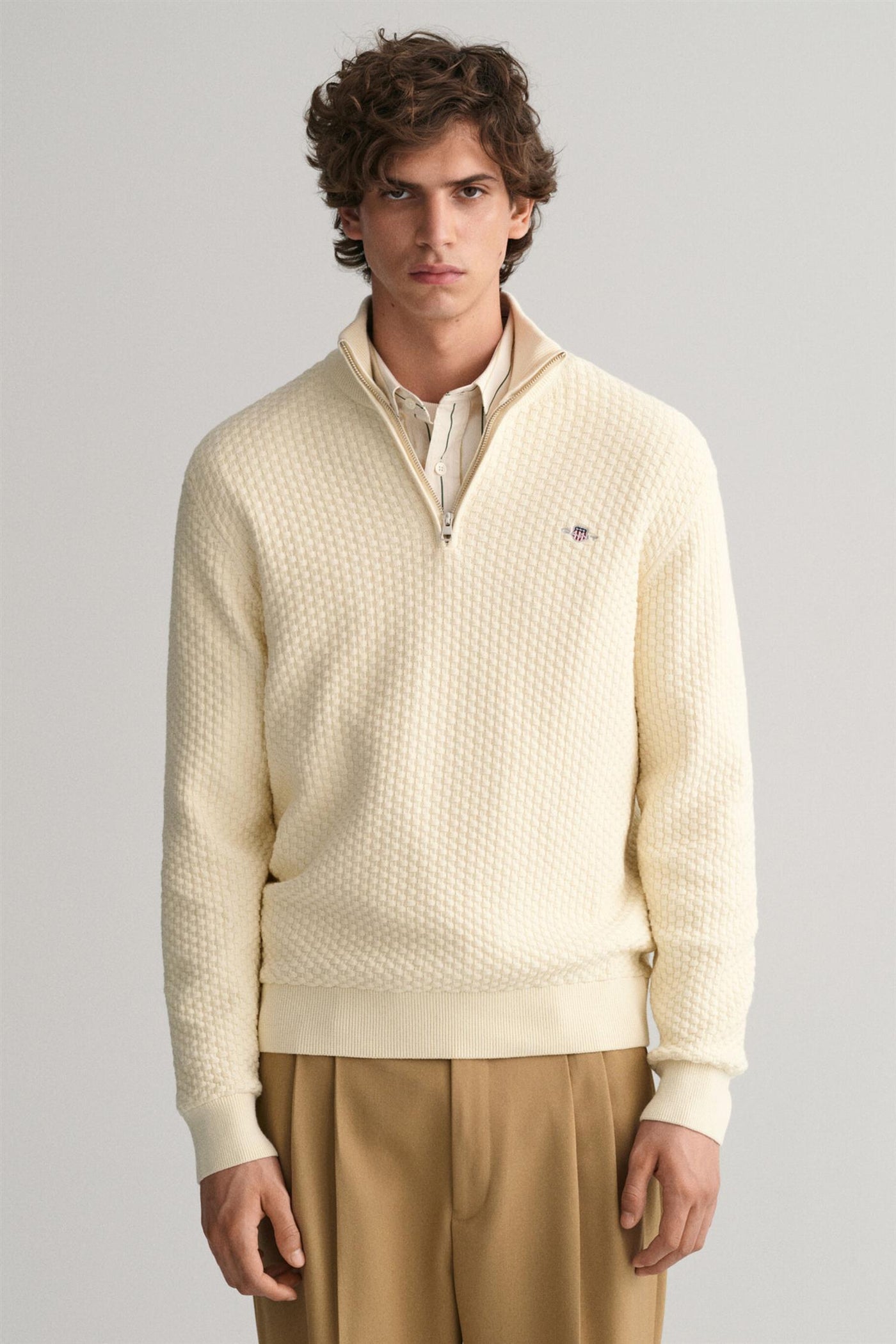 Textured Cotton Merino Half Zip - Cream
