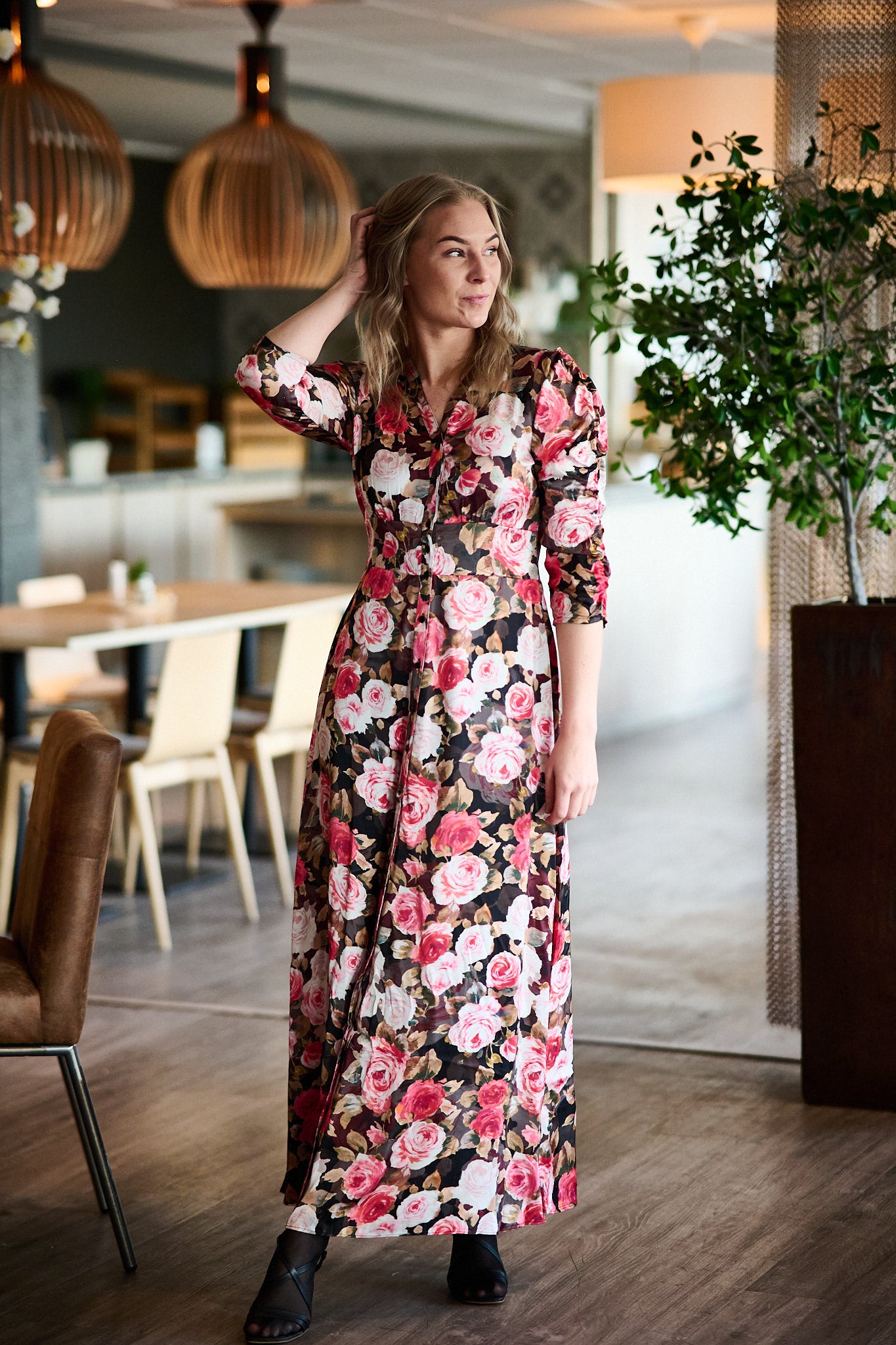 Satin Button-Down Dress - Midnight Roses