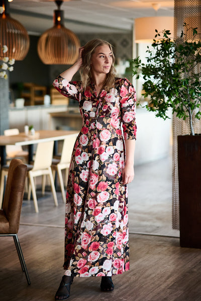 Satin Button-Down Dress - Midnight Roses