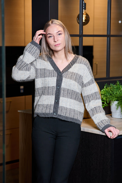 Alva LS Knit Stripe V-cardigan - Grey Melange