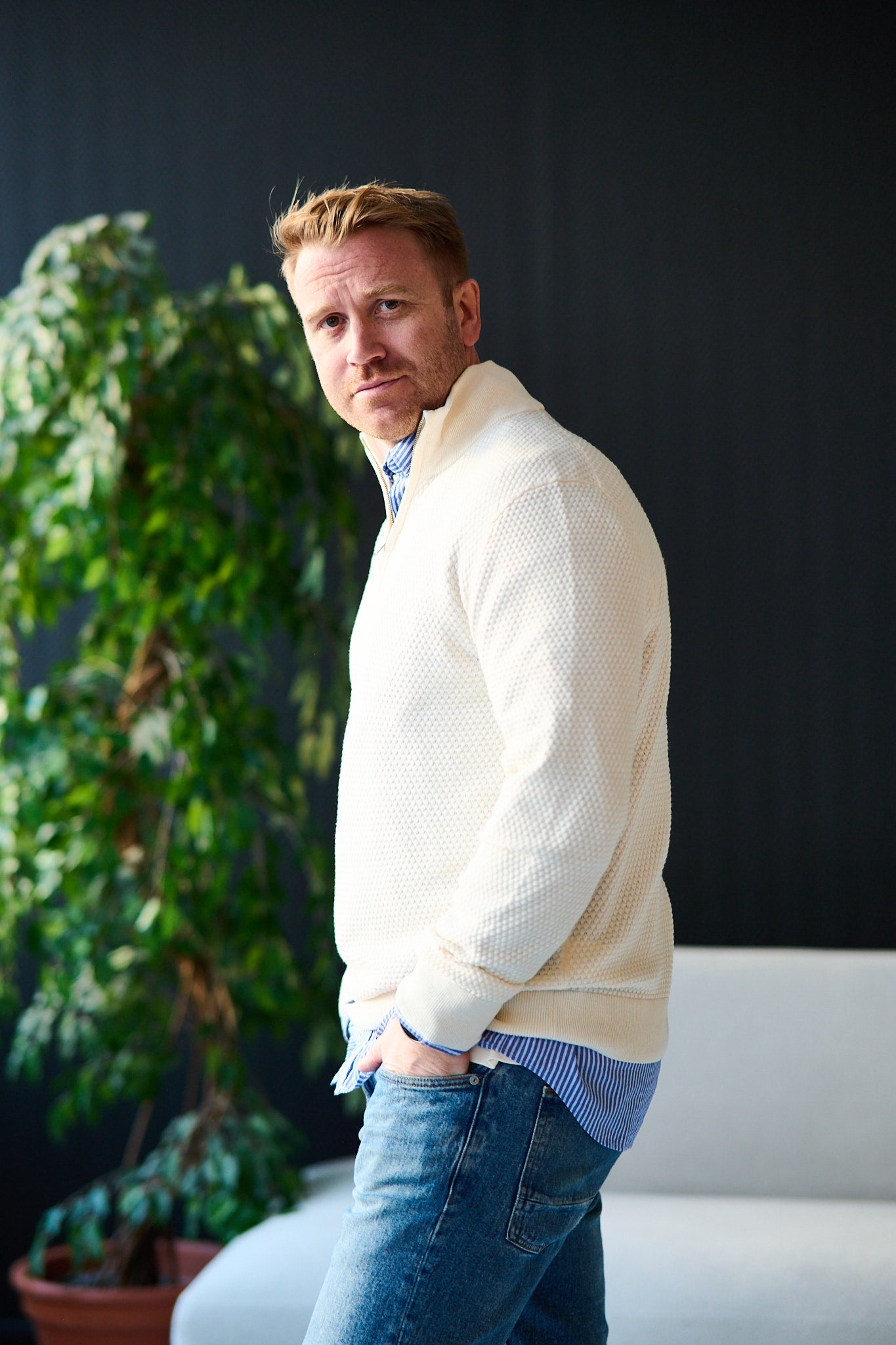 Textured Cotton Merino Half Zip - Cream