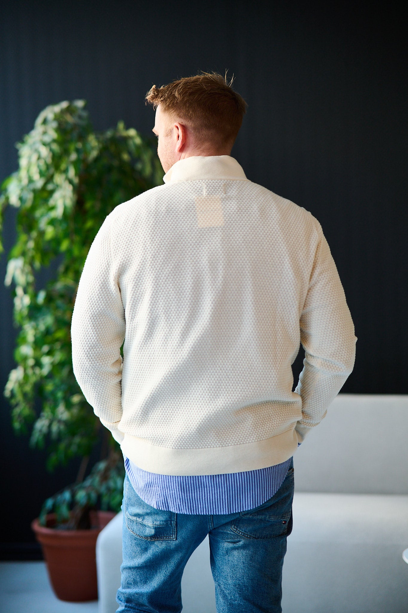 Textured Cotton Merino Half Zip - Cream