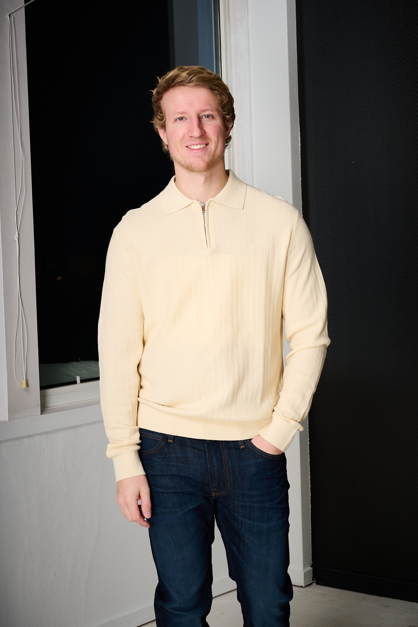 Cran LS Knit Structure Half Zip Polo - Angora