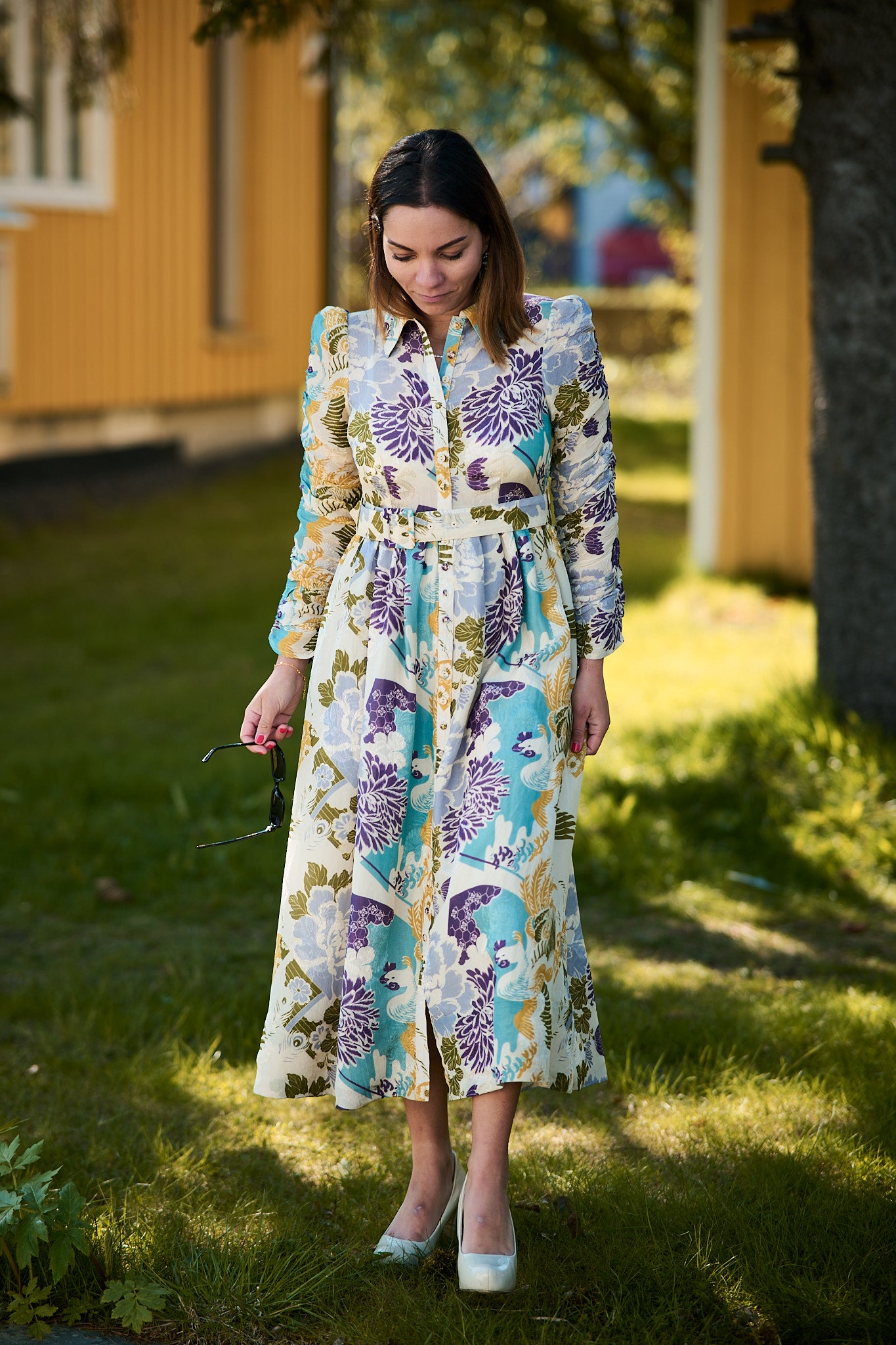Jacquard Midi Dress Blue Birds