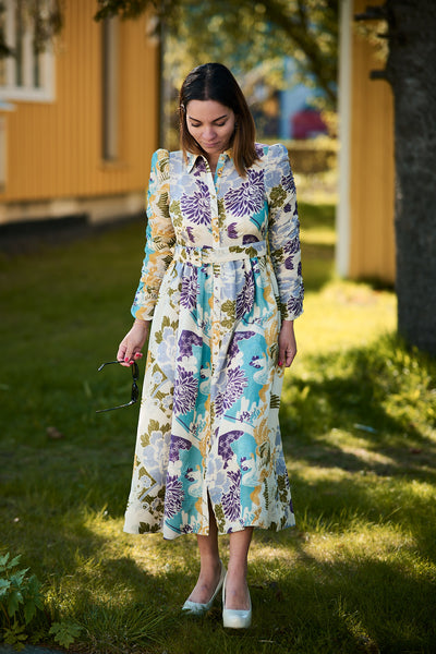 Jacquard Midi Dress Blue Birds