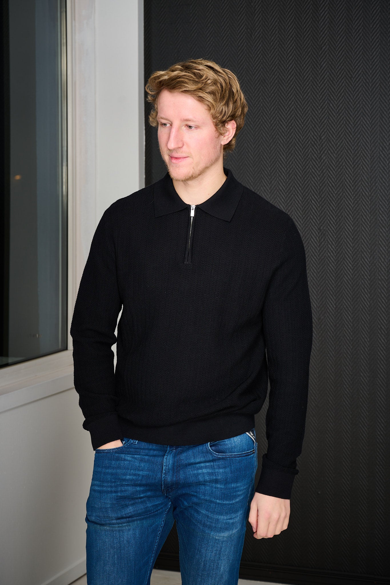 Cran LS Knit Structure Half Zip Polo - Black