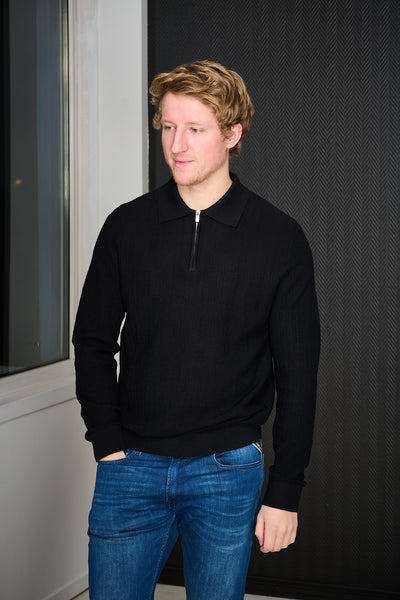 Cran LS Knit Structure Half Zip Polo - Black