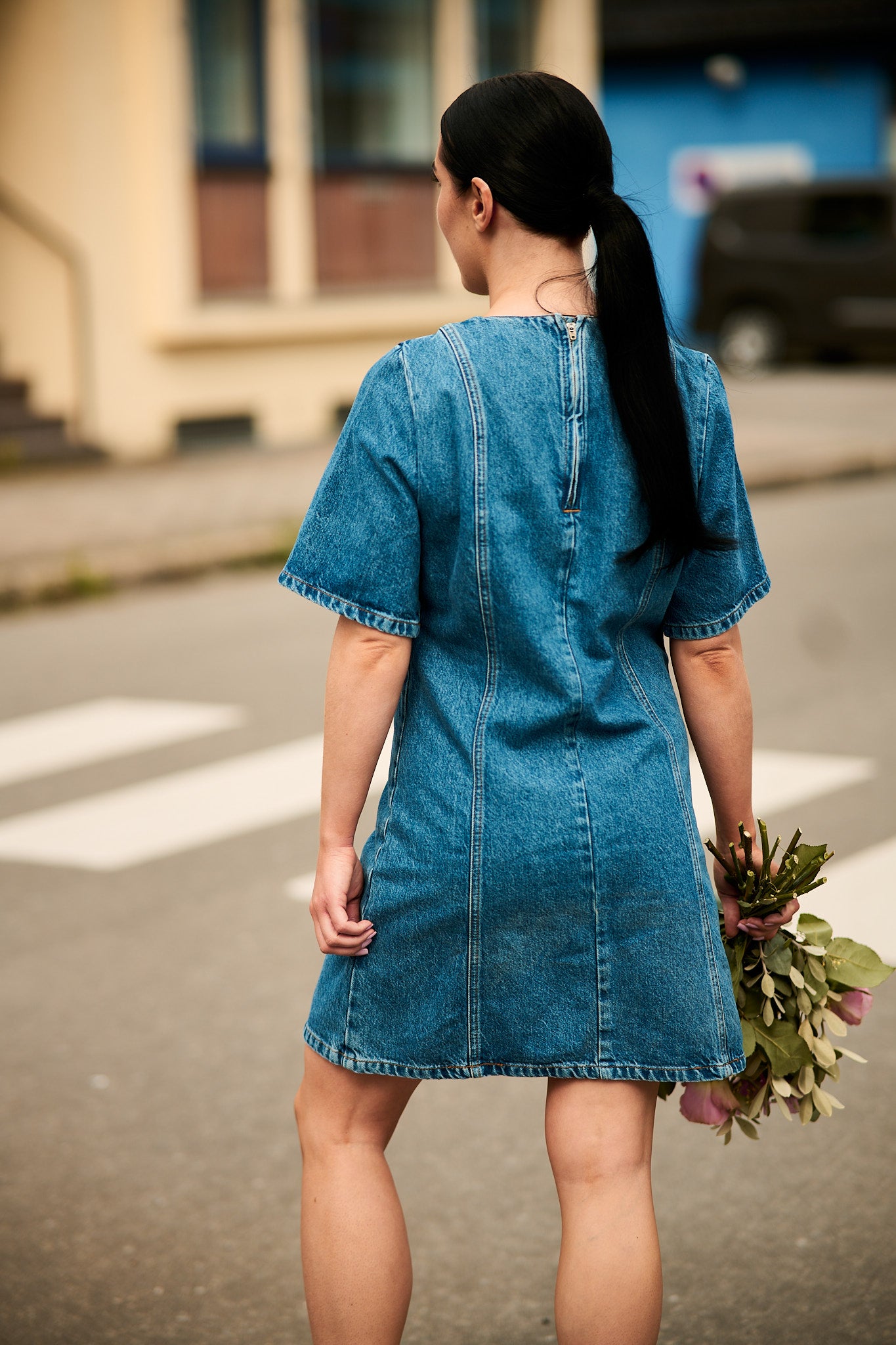 Rie 2/4 Short Dress Blue Denim
