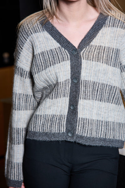 Alva LS Knit Stripe V-cardigan - Grey Melange