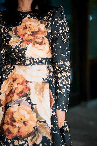 Tailord Satin Belt Dress - Black Roses