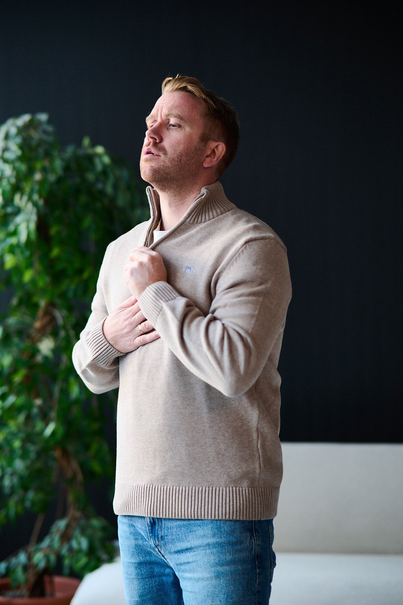 Casual Cotton Half Zip - Sand Melange