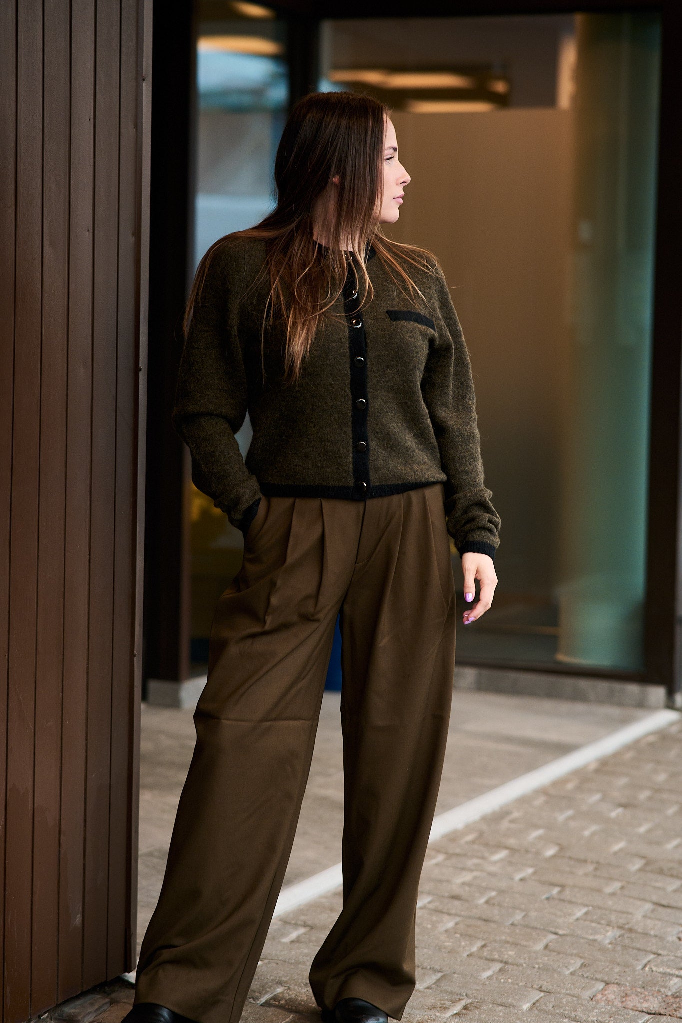 GZalpha LS Contrast Cardigan - Olive Mélange/Black