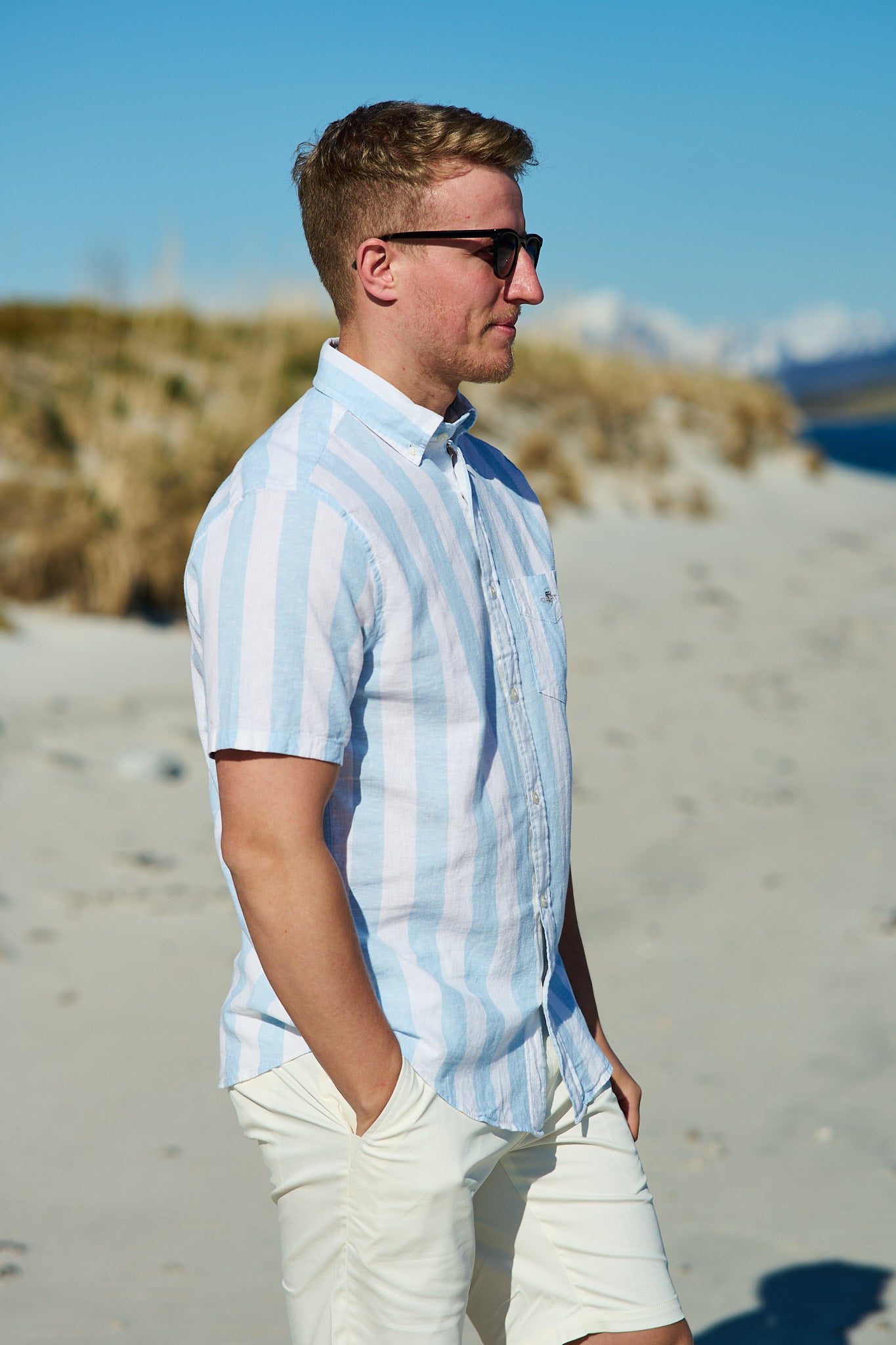 Reg Cotton Linen Stripe SS Shirt - Fresh Blue