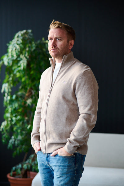 Casual Cotton Zip Cardigan - DK Sand Melange