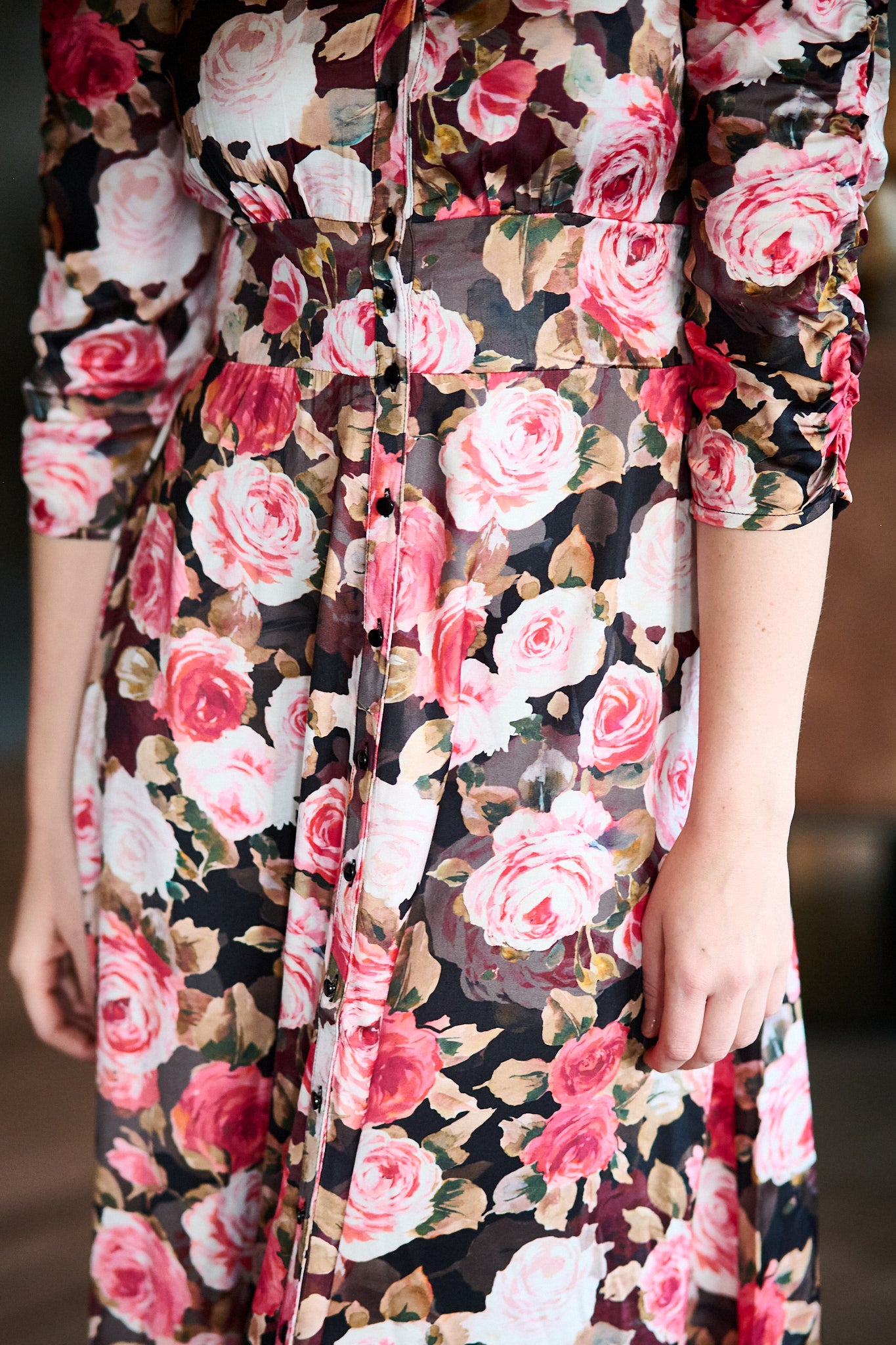 Satin Button-Down Dress - Midnight Roses