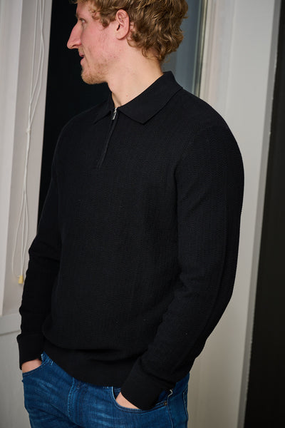 Cran LS Knit Structure Half Zip Polo - Black